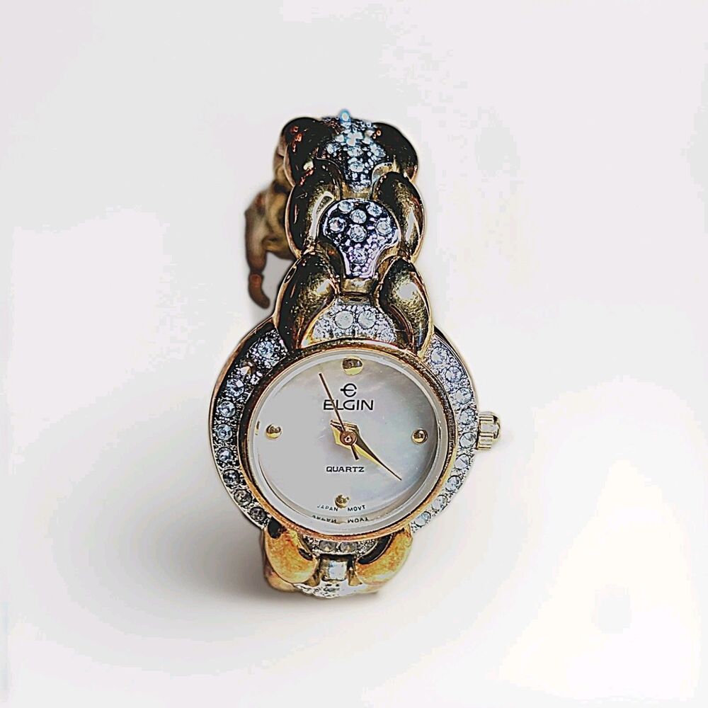 Vintage Elgin Ladies Quartz Watch Gold Tone Link Bracelet Rhinestone Accent